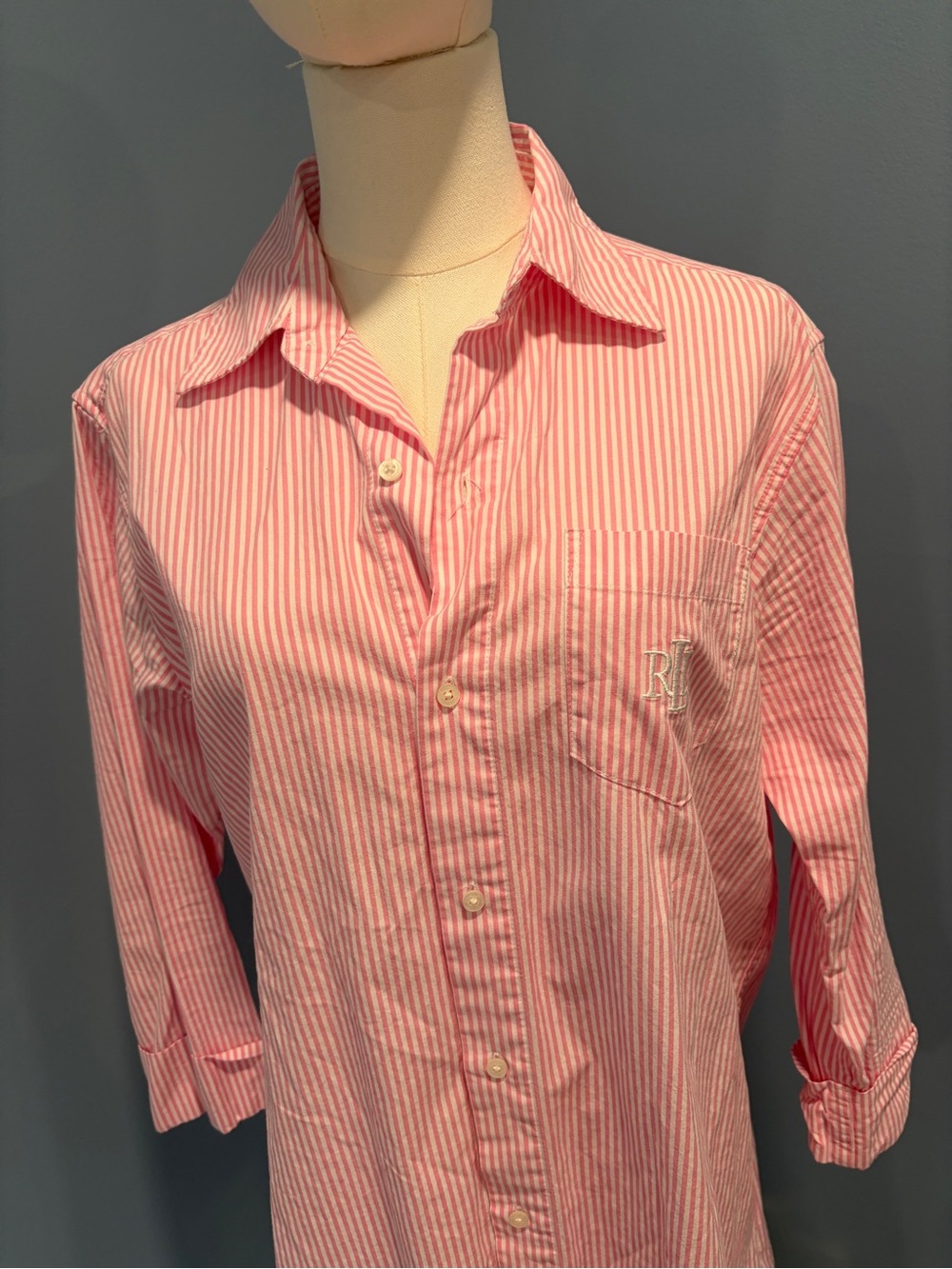 Lauren Ralph Lauren Pink White Stripe Cotton Shirt Dress Cover Up Sleep Shirt - Picture 5 of 10